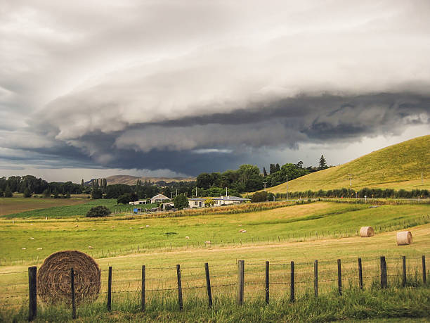A dramatic storm front rolling over the New Zealand countryside